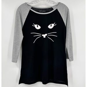 Awake Pajama Top T-shirt Scoopneck Cat Face Black Gray Size L